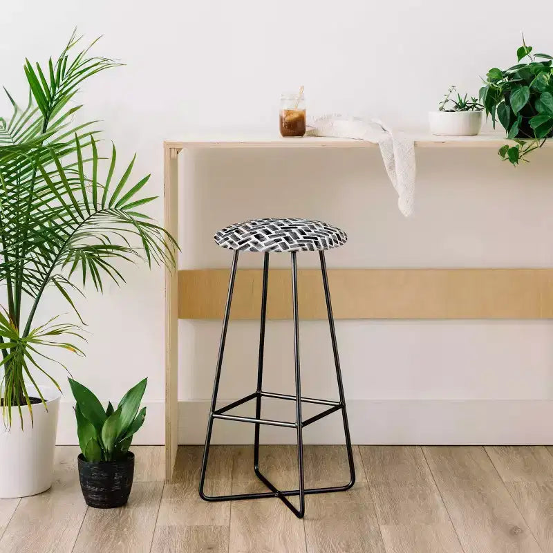 Deny Designs Little Arrow Design Co Arcadia Herringbone Barstool Black: 30" Upholstered, Steel Frame, Geometric Pattern