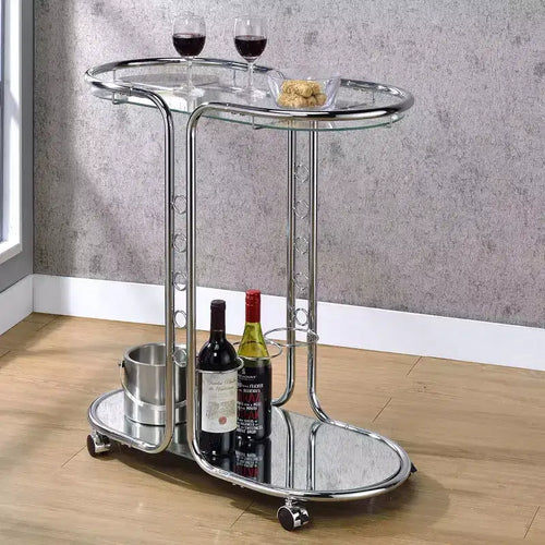 24/7 Shop At Home Chariot de service en verre Kentrik avec dessus en verre chromé : chariot de thé moderne avec finition miroir, étagères fixes
