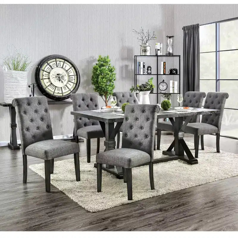 HOMES: Inside + Out 7pc Hepburn Dining Set Antique Black/Gray : Rectangle Table, 6 Upholstered Chairs