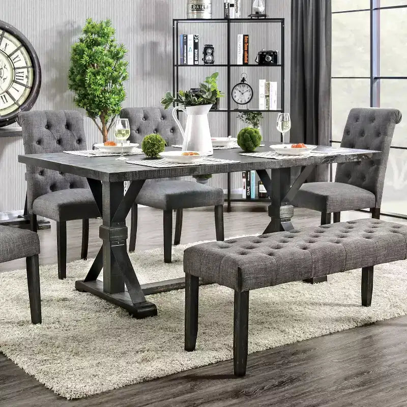 HOMES: Inside + Out 7pc Hepburn Dining Set Antique Black/Gray : Rectangle Table, 6 Upholstered Chairs