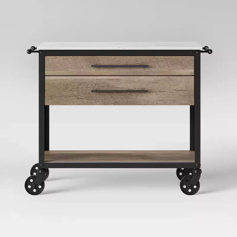 Derry Stone Top Mixed Material Kitchen Island Brown - Threshold™: Solid Hardwood, Storage, Wheels