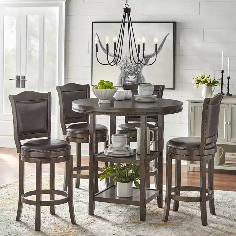 Buylateral 5pc Adam 42" Round Pub Dining Set with Bar Height Swivel Bar Stools Brown: Upholstered Stools, Rubberwood Frame