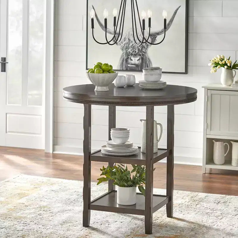 Buylateral 5pc Adam 42" Round Pub Dining Set with Bar Height Swivel Bar Stools Brown: Upholstered Stools, Rubberwood Frame