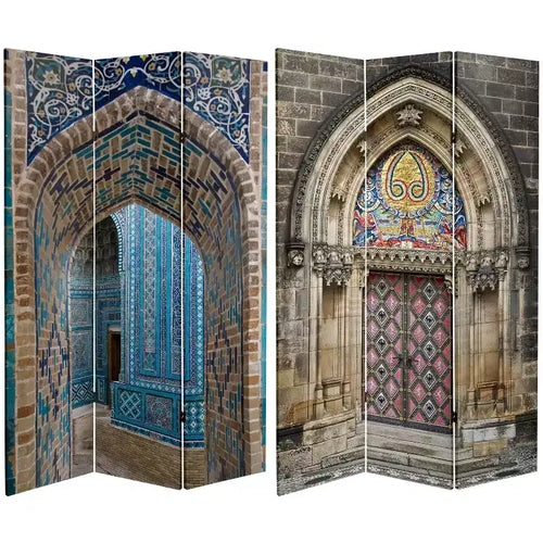 6" Double Sided Heavenly Archways Canvas Room Divider Blue/Beige - Oriental Furniture: Lightweight, No Assembly Required