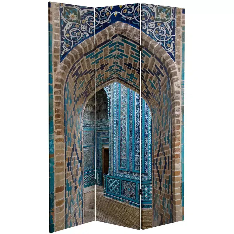 6" Double Sided Heavenly Archways Canvas Room Divider Blue/Beige - Oriental Furniture: Lightweight, No Assembly Required