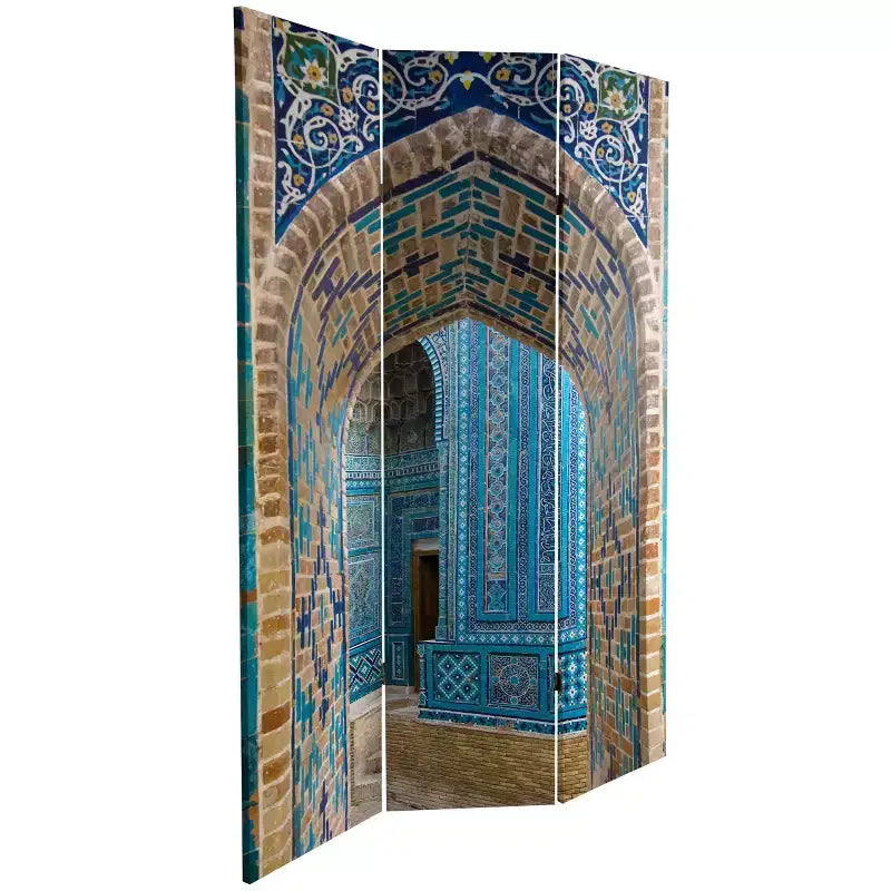 6" Double Sided Heavenly Archways Canvas Room Divider Blue/Beige - Oriental Furniture: Lightweight, No Assembly Required