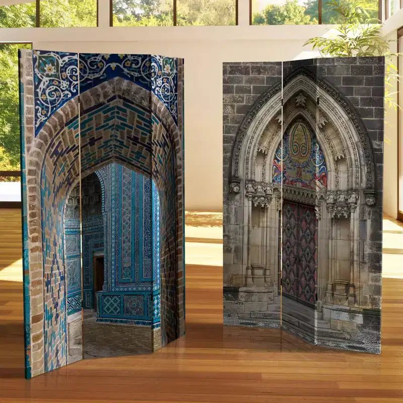 6" Double Sided Heavenly Archways Canvas Room Divider Blue/Beige - Oriental Furniture: Lightweight, No Assembly Required