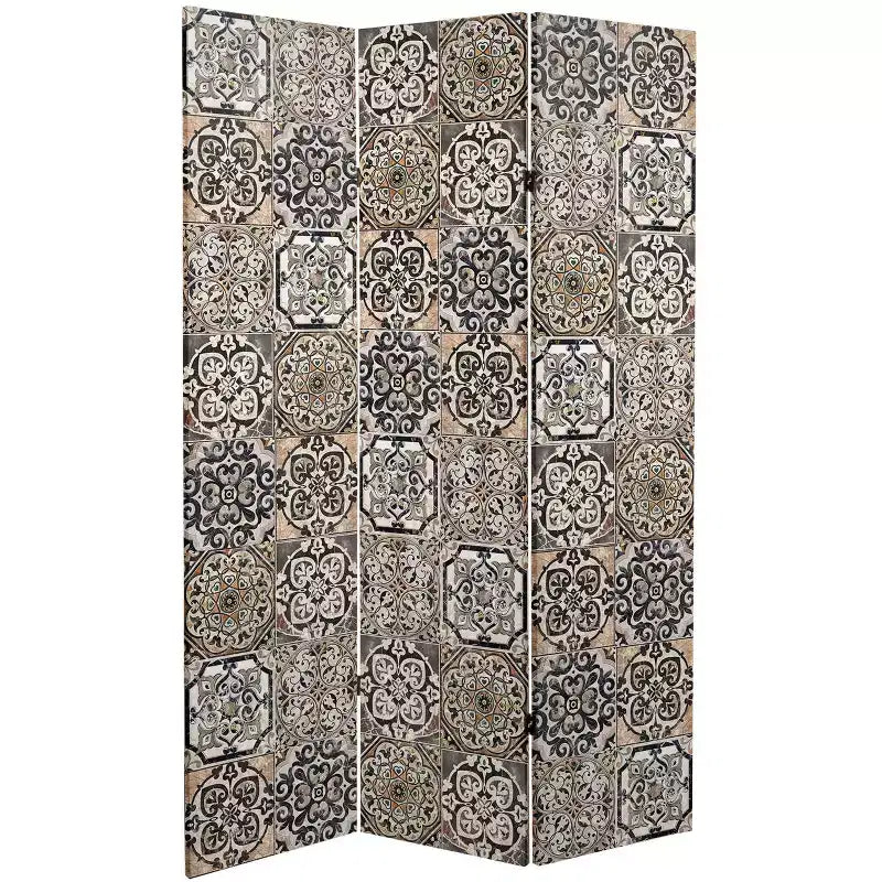 6" Double Sided Victorian Tile Canvas Room Divider Beige - Oriental Furniture: High Resolution, No Assembly Required