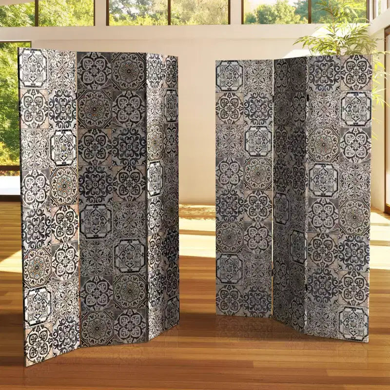 6" Double Sided Victorian Tile Canvas Room Divider Beige - Oriental Furniture: High Resolution, No Assembly Required