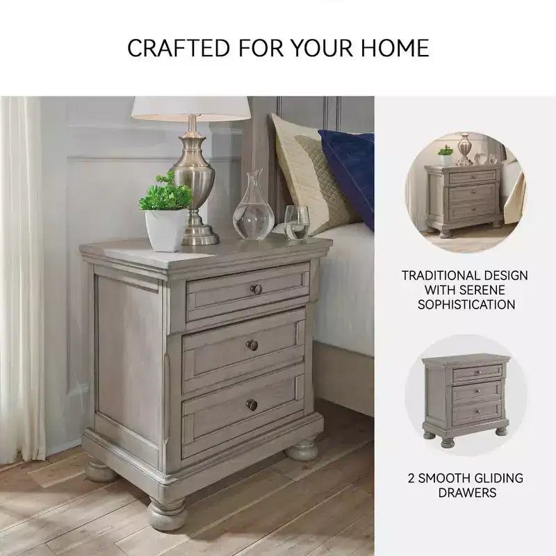 Lettner Two Drawer Nightstand Light Gray - Signature Design by Ashley: Inlaid Panels, Bun Feet, Modern Sophistication