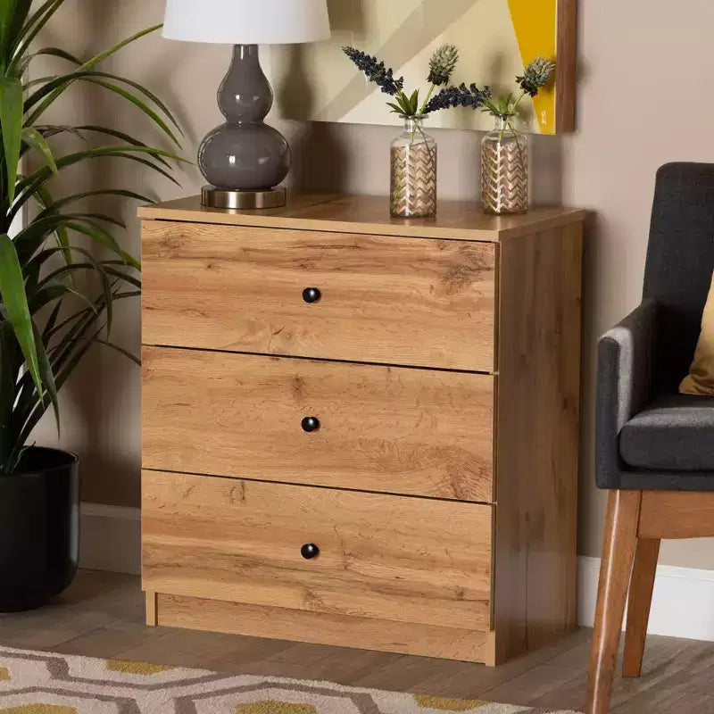 Decon Wood 3 Drawer Storage Chest Oak Brown - Baxton Studio: Elegant Universal Storage Solution