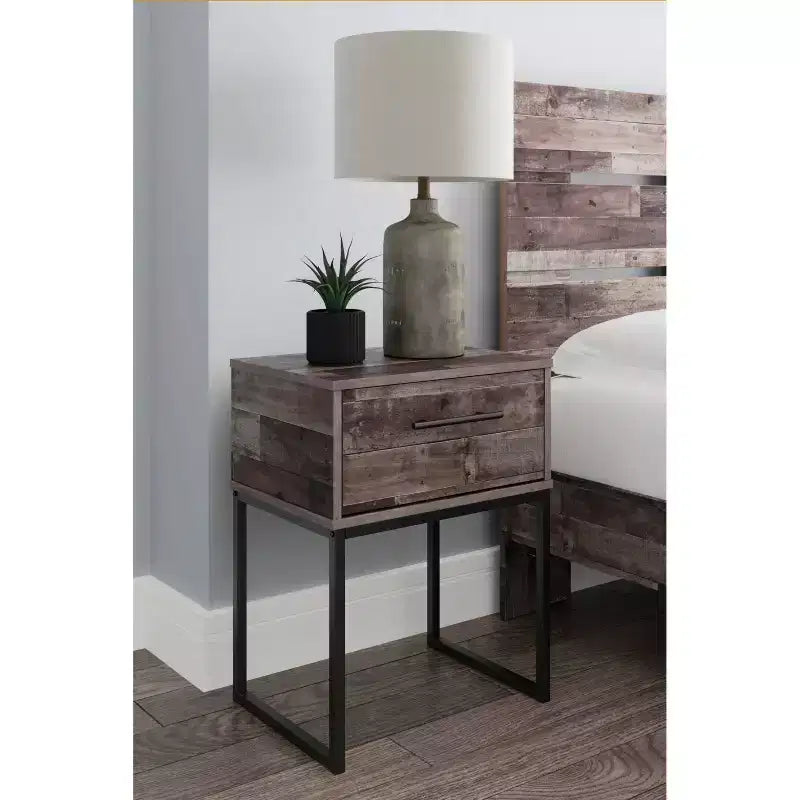 Neilsville Nightstand Black/Gray/Beige - Signature Design by Ashley: Rustic Mid-Century Modern, Metal Frame, Drawer