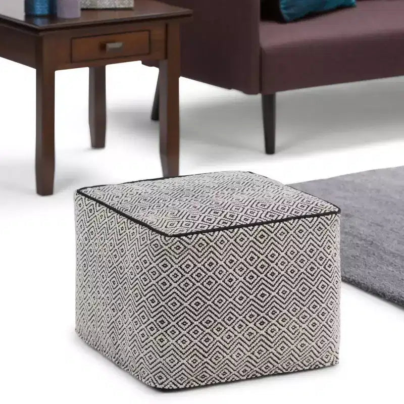 WyndenHall Dougan Square Moroccan Inspired Pouf Black/Natural Cotton: Upholstered, No Assembly, Spot Clean