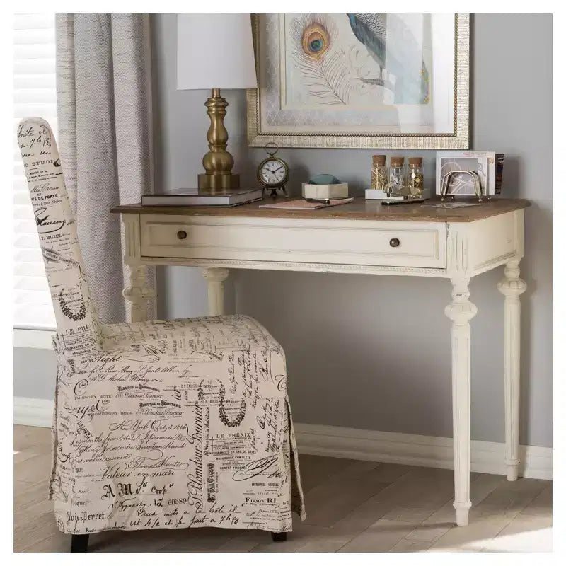 Baxton Studio Marquetterie French Provincial Weathered Oak Wash Writing Desk White: Mid-Century Style, Open Shelf Storage