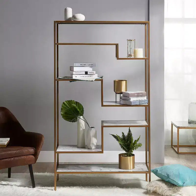 72" Marmo Large 5 Tier Display Shelf Faux Marble/Brass - Teamson Home: Elegant Greek-Inspired Organizer