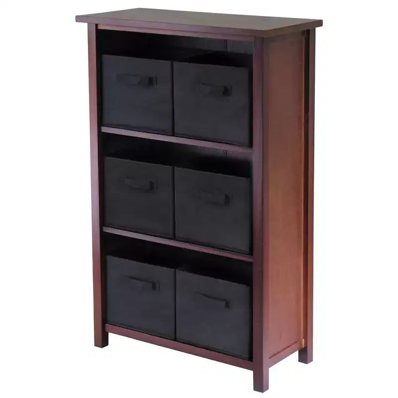 7pc 42.99" Verona Set Storage Shelf with Folding Fabric Baskets Walnut - Winsome: Mid-Century Modern Cubbies