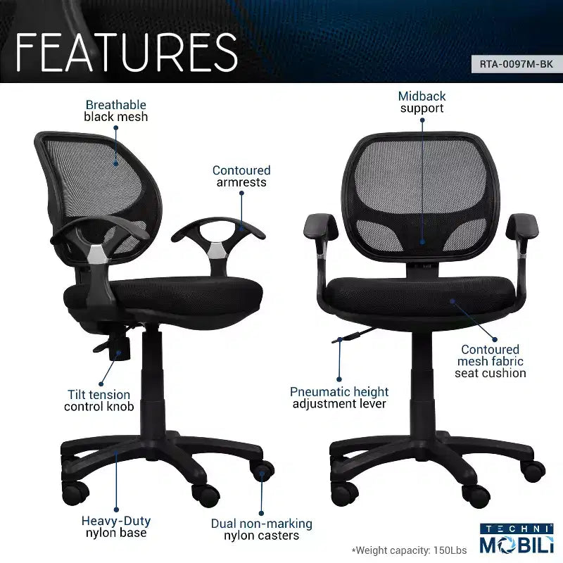 Midback Mesh Task Office Chair Black - Techni Mobili: Pneumatic, Swivel, 150lbs Capacity