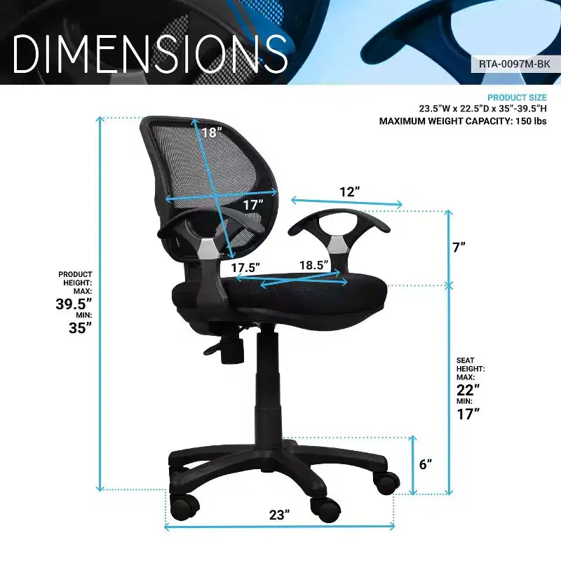 Midback Mesh Task Office Chair Black - Techni Mobili: Pneumatic, Swivel, 150lbs Capacity