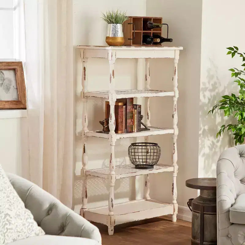 55" Metal and Wood 5 Tiered Wall Shelf White - Olivia & May: Indoor Rustic Farmhouse Display, 30 lbs Shelf Capacity