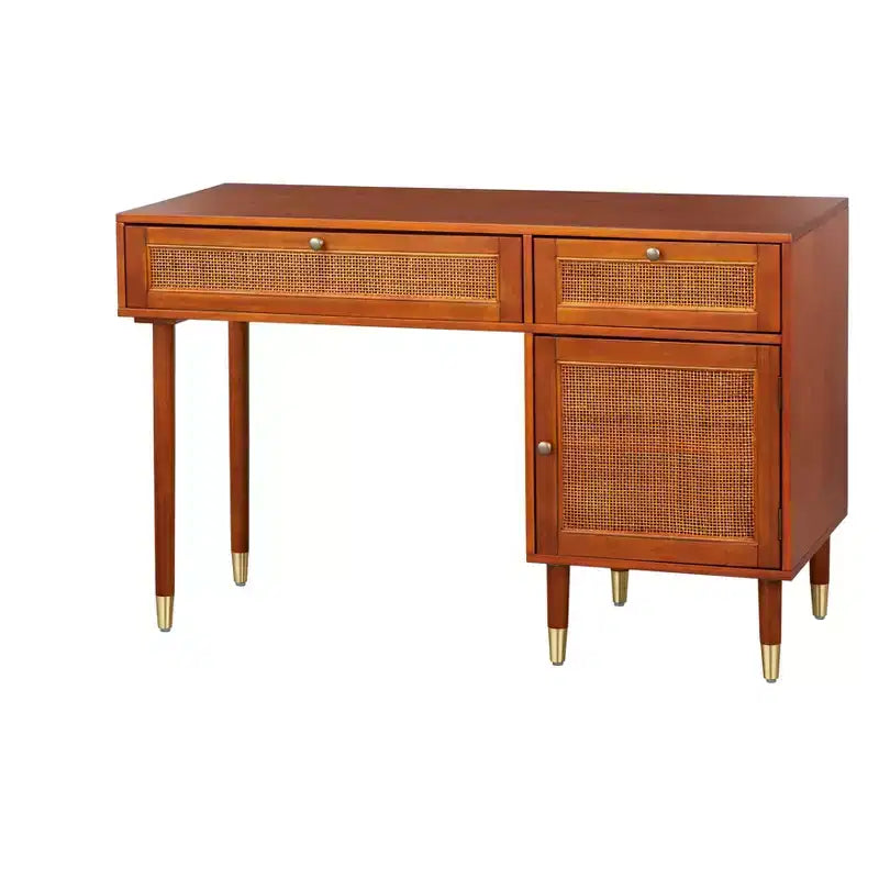 angelo:HOME Allen Desk with Faux Rattan Front Accents Walnut