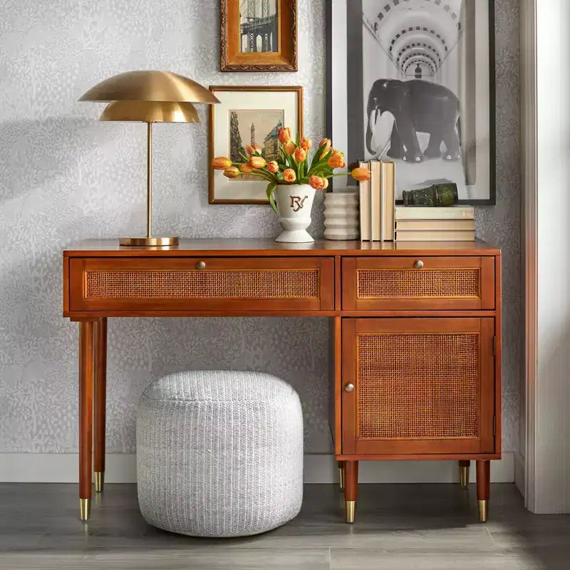 angelo:HOME Allen Desk with Faux Rattan Front Accents Walnut