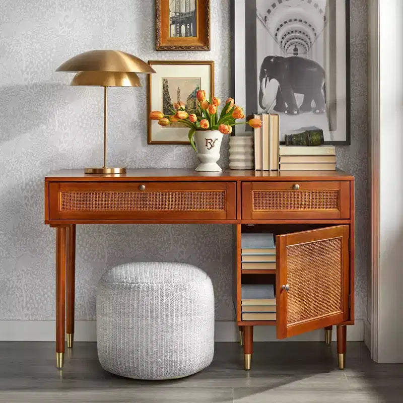 angelo:HOME Allen Desk with Faux Rattan Front Accents Walnut