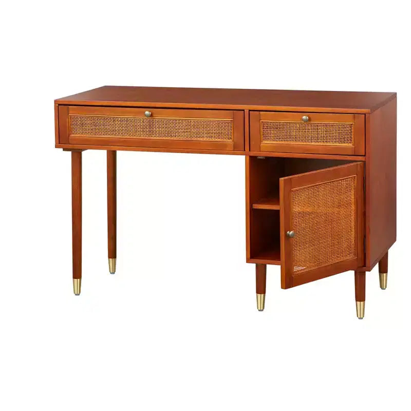 angelo:HOME Allen Desk with Faux Rattan Front Accents Walnut