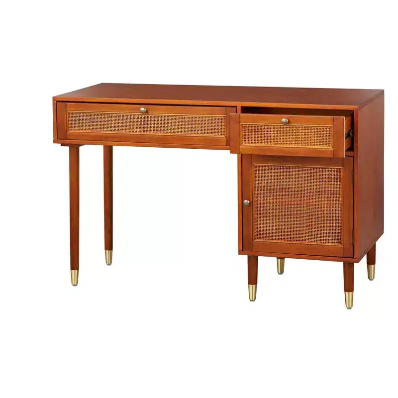 angelo:HOME Allen Desk with Faux Rattan Front Accents Walnut