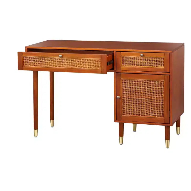 angelo:HOME Allen Desk with Faux Rattan Front Accents Walnut