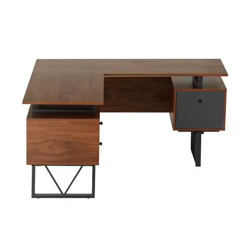 Reversible L Shaped Computer Desk with Drawers and File Cabinet Walnut - Techni Mobili: Engineered Wood, PVC Laminate, Steel Frame