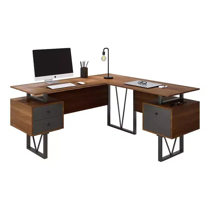 Reversible L Shaped Computer Desk with Drawers and File Cabinet Walnut - Techni Mobili: Engineered Wood, PVC Laminate, Steel Frame