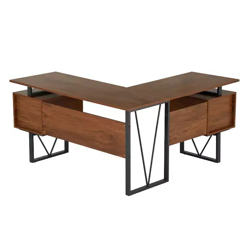 Reversible L Shaped Computer Desk with Drawers and File Cabinet Walnut - Techni Mobili: Engineered Wood, PVC Laminate, Steel Frame