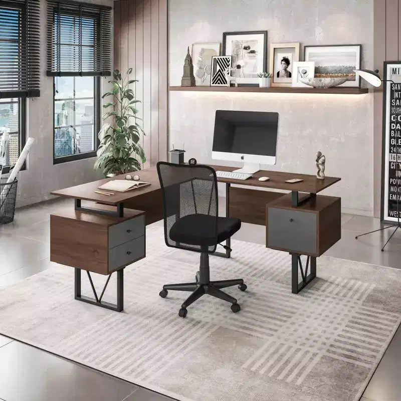 Reversible L Shaped Computer Desk with Drawers and File Cabinet Walnut - Techni Mobili: Engineered Wood, PVC Laminate, Steel Frame