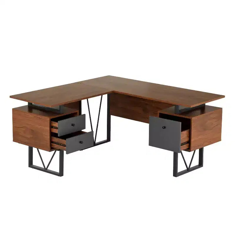 Reversible L Shaped Computer Desk with Drawers and File Cabinet Walnut - Techni Mobili: Engineered Wood, PVC Laminate, Steel Frame