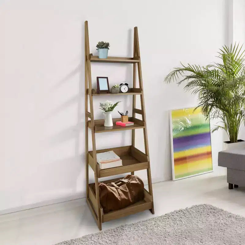 Flora Home 74" 5 Shelf Ladder Bookcase Alpine Gray: Solid Wood, Open Back Design, Steel Hardware