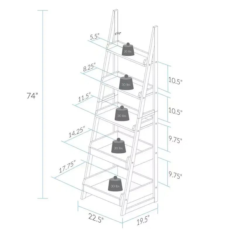 Flora Home 74" 5 Shelf Ladder Bookcase Alpine Gray: Solid Wood, Open Back Design, Steel Hardware