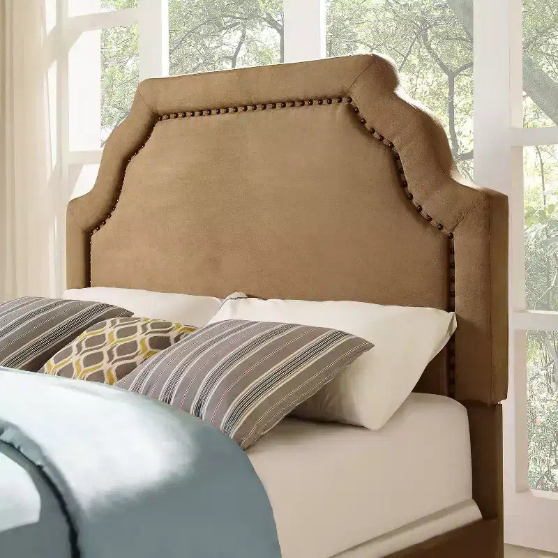 King/California King Loren Keystone Headboard with Nailhead Trim - Crosley: Antique Brass Detail, Transitional Style