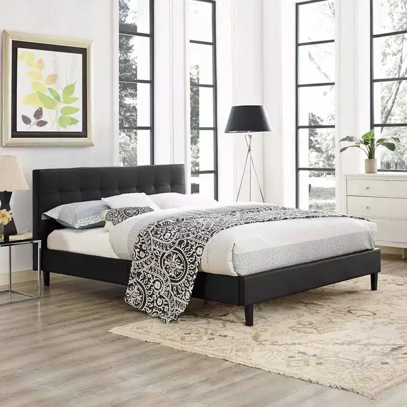 Linnea Faux Leather Bed Full Black - Modway: Modern Upholstered Platform Bed, Memory Foam Fill, Reinforced Support
