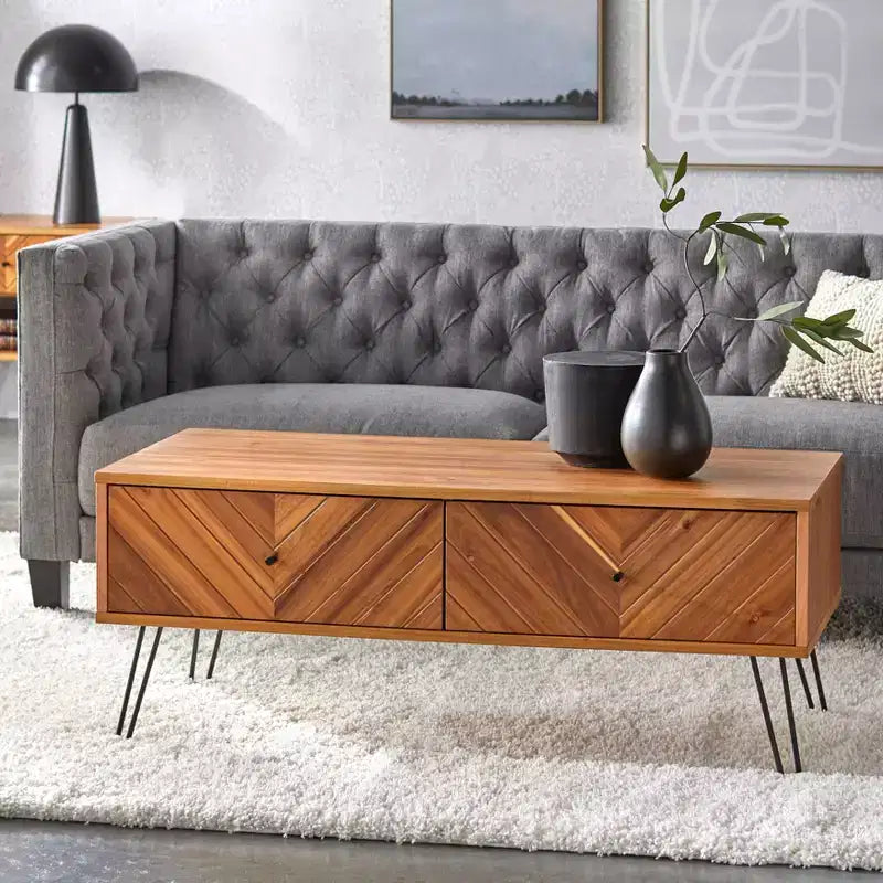 Lifestorey Alexandria Mid Century Modern Rectangular 2 Drawer Coffee Table Oak