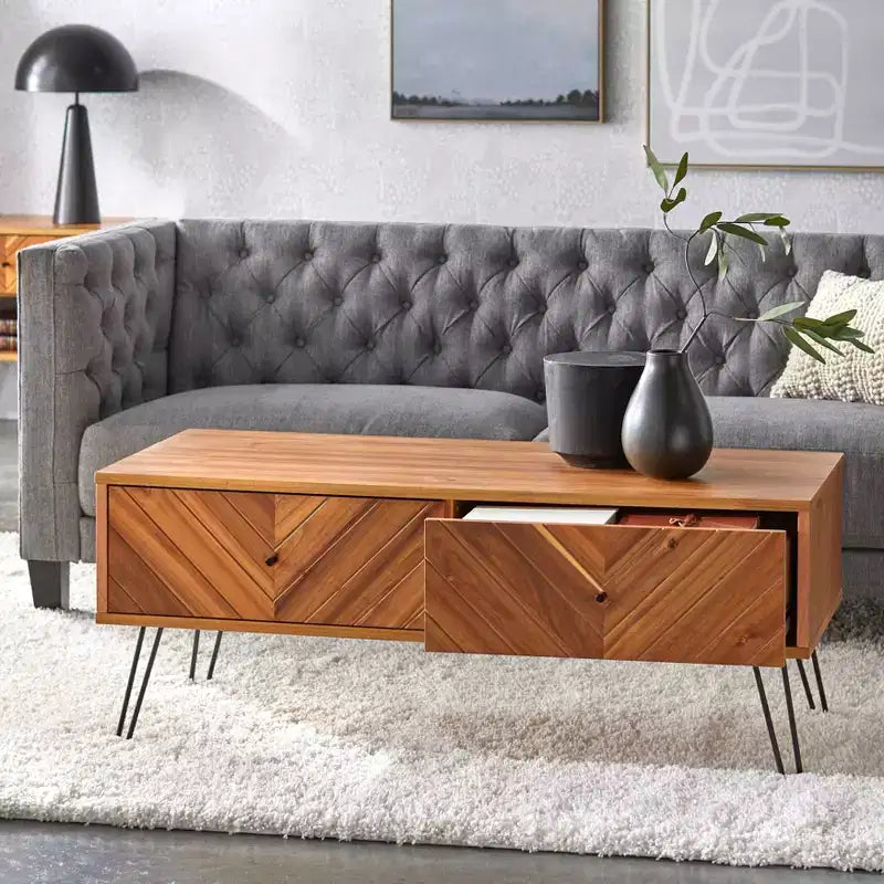 Lifestorey Alexandria Mid Century Modern Rectangular 2 Drawer Coffee Table Oak