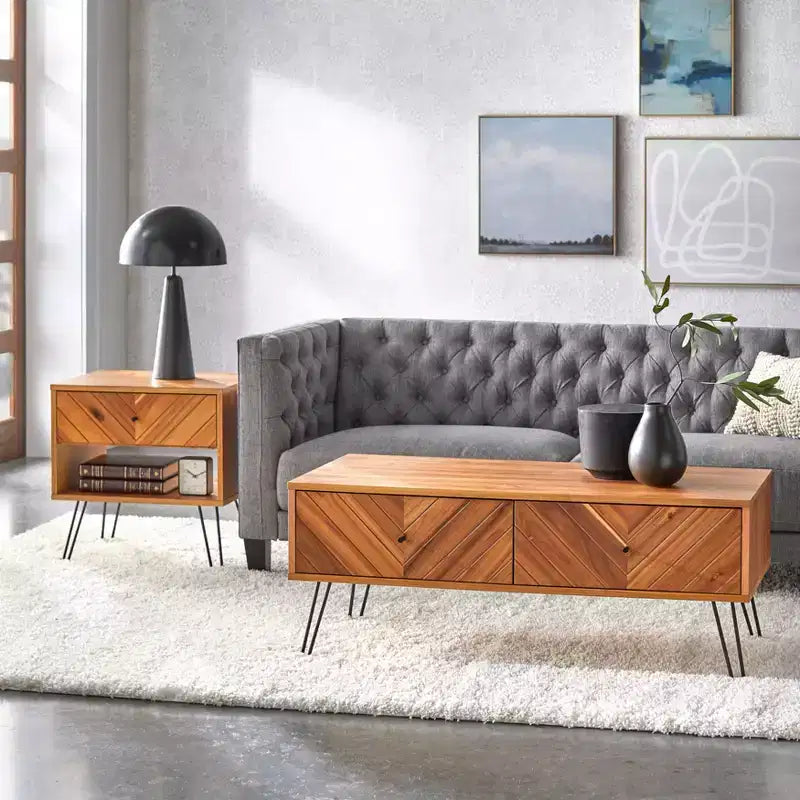 Lifestorey Alexandria Mid Century Modern Rectangular 2 Drawer Coffee Table Oak