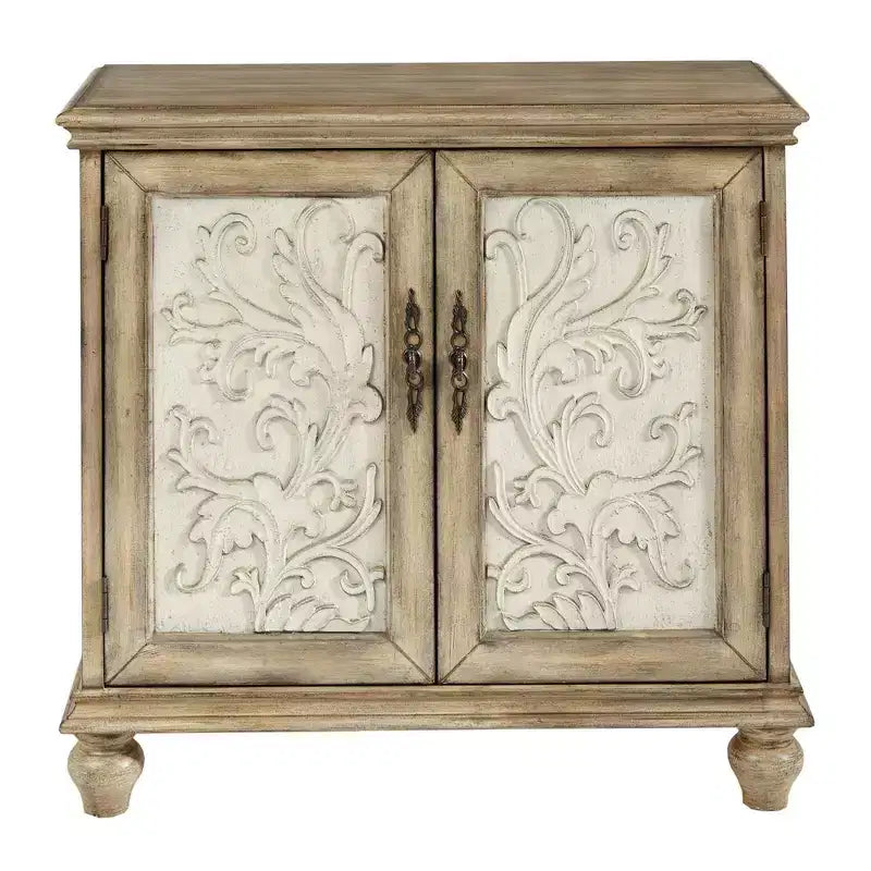 Grayson 2 Door Cabinet Reclaimed Natural: Floral Design, Adjustable Shelf, Cream & Brown Decorative Storage