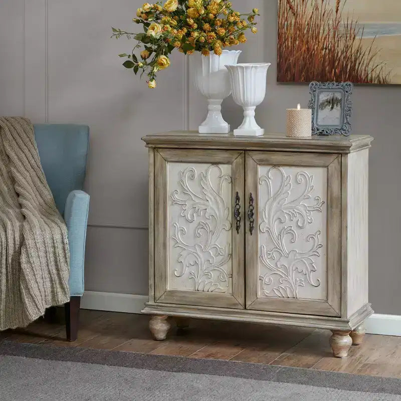 Grayson 2 Door Cabinet Reclaimed Natural: Floral Design, Adjustable Shelf, Cream & Brown Decorative Storage