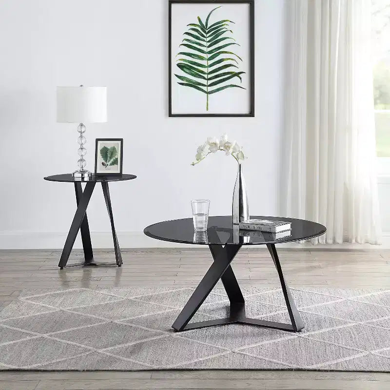 Borrego Round End Table Texture Black/Gray - miBasics: Modern Steel Frame, Tempered Glass, Beveled Edges, 24" x 22.75"
