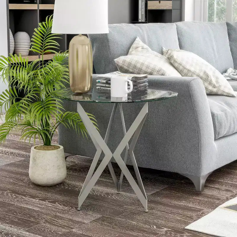 Braylyn Round Glass Top Contemporary End Table Champagne - miBasics: Modern Steel Frame, 22" High Side Table