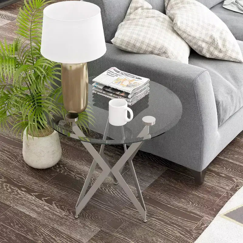 Braylyn Round Glass Top Contemporary End Table Champagne - miBasics: Modern Steel Frame, 22" High Side Table