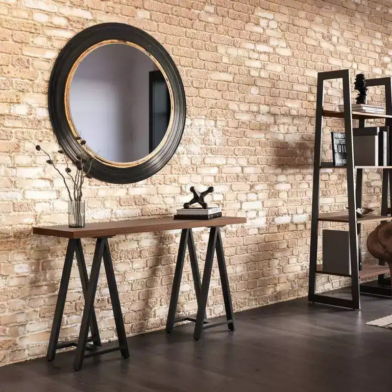 Hawkins Metal/Wood Console Sofa Table Walnut - WyndenHall: Modern Veneer Entryway Furniture with Upholstered Design