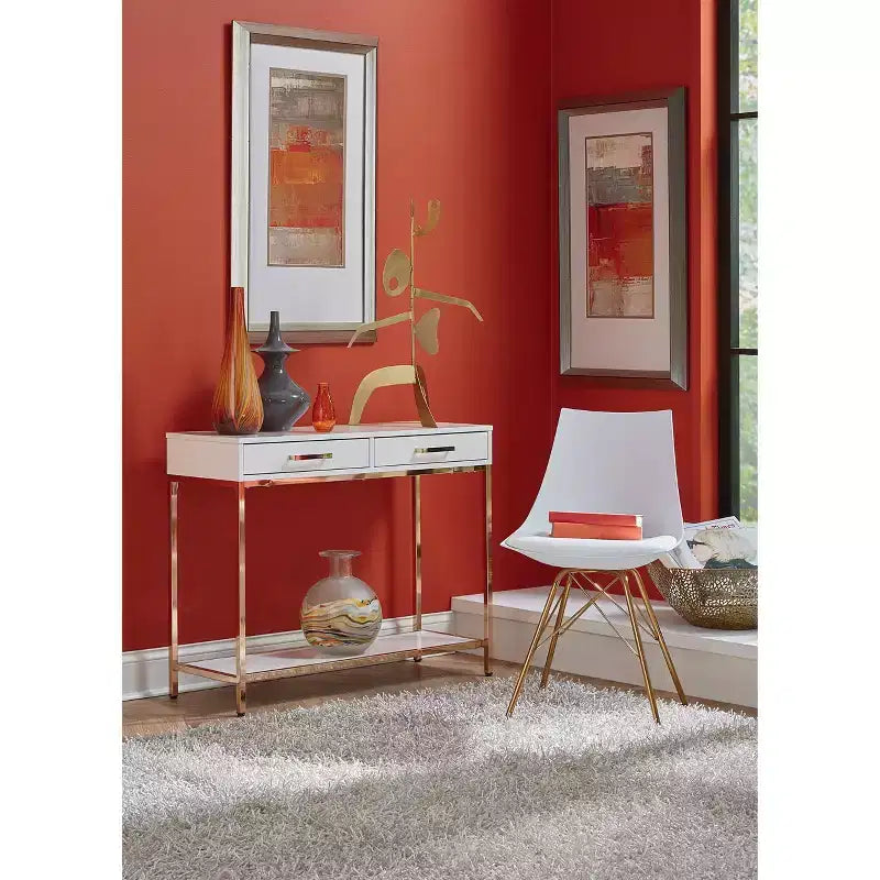 Alios Foyer Table Gold - OSP Home Furnishings: Mid-Century Modern, Steel Frame, Dual Drawer Storage