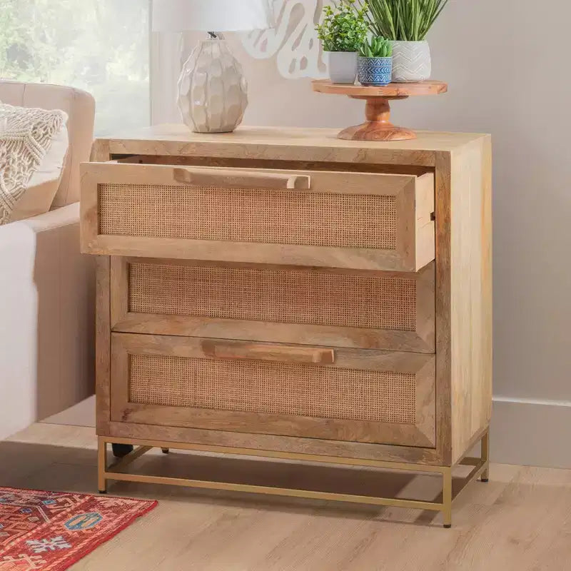 Gordon Transitional 3 Natural Cane Drawers Cabinet with Gold Metal Base - Powell