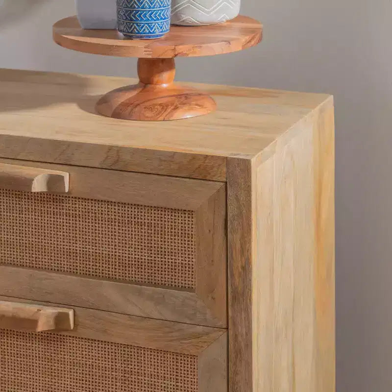 Gordon Transitional 3 Natural Cane Drawers Cabinet with Gold Metal Base - Powell